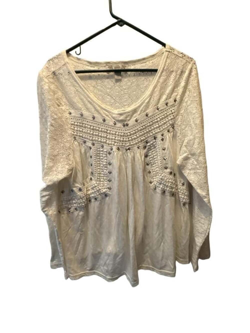 Vintage America Blues Tunic Size XL White Lace Studded Boho Blouse
